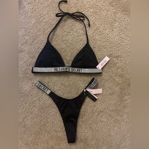 Victoria's Secret Shine Thong Bikini Swim Set - Black